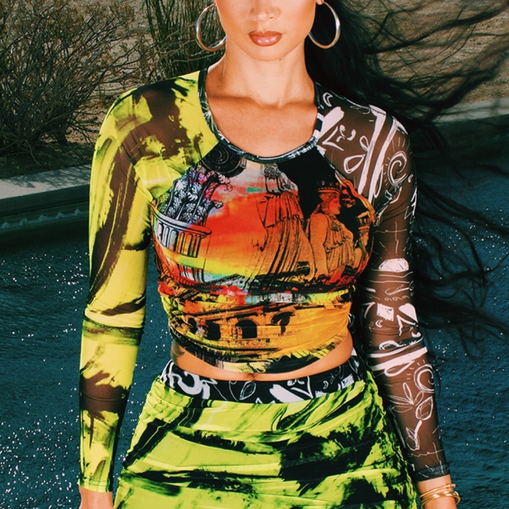 *Set* Multi Abstract Print Ruched Mesh Crop Top & Mini Skirt